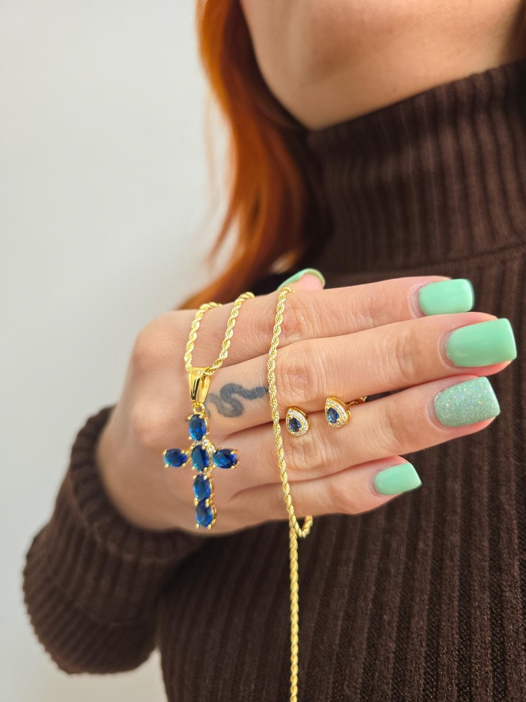 Set Cadena Tejido Tourbillon, Arete Gota Bordes Circonias Y Colgante Cruz Brightness Oro Laminado 18k